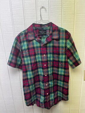 American Eagle Men’s Large Plaid Shirt SS Multicolor Button Up Vintage Fit